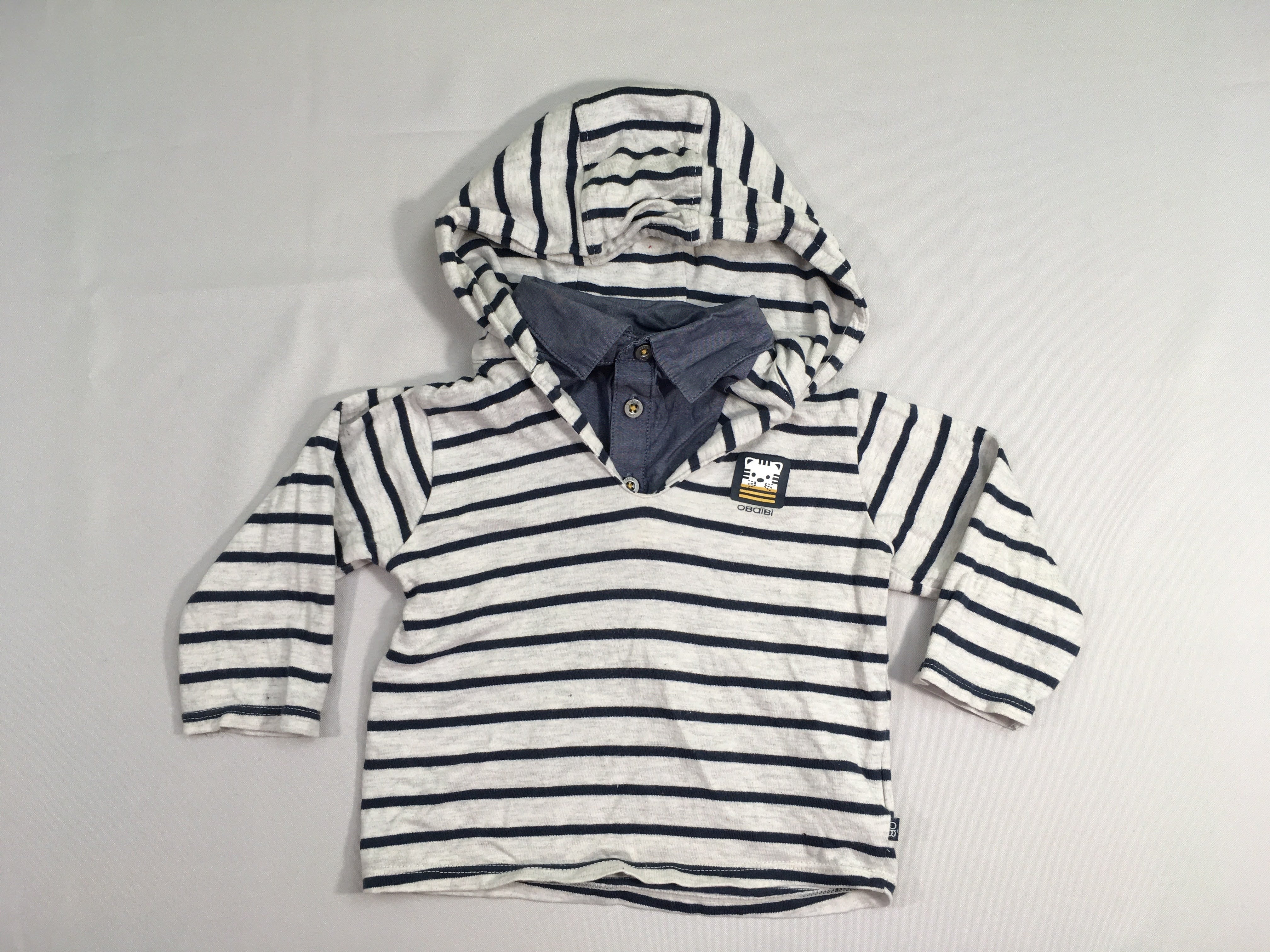 T-shirt m.l jersey gris rayé bleu à capuche effet superposé chemise