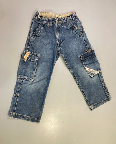 Jeans cargo bleu délavé poches plaquées, moins cher chez Petit Kiwi