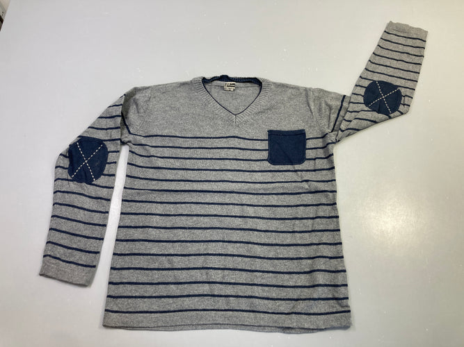 Pull col V gris rayé bleu marine coudières, légèrement bouloché, moins cher chez Petit Kiwi