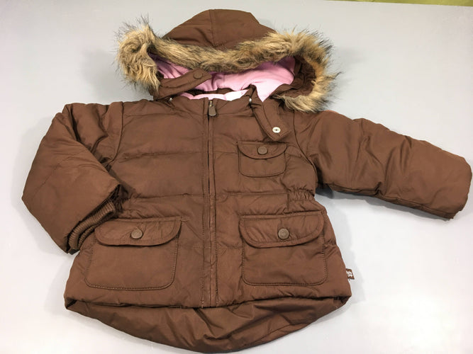 Veste brune zippée à capuche  ammovible  fausse fourrure, intérieur polar, moins cher chez Petit Kiwi
