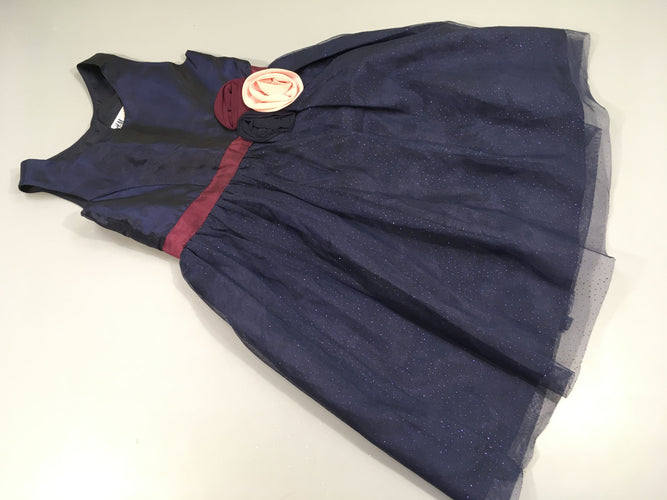 Robe s.m bleu marine dessus satiné, dessous tulle pailleté, fleurs à la tailles, moins cher chez Petit Kiwi