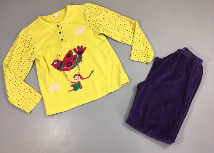 Pyjama 2pcs velours m.l jaune/mauve pois oiseau, moins cher chez Petit Kiwi