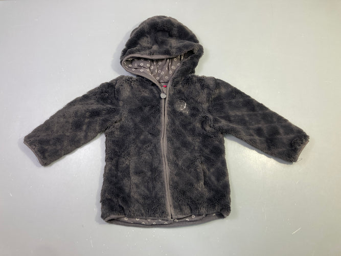 Gilet peluche zippé gris fourrure synthétique à capuche, moins cher chez Petit Kiwi