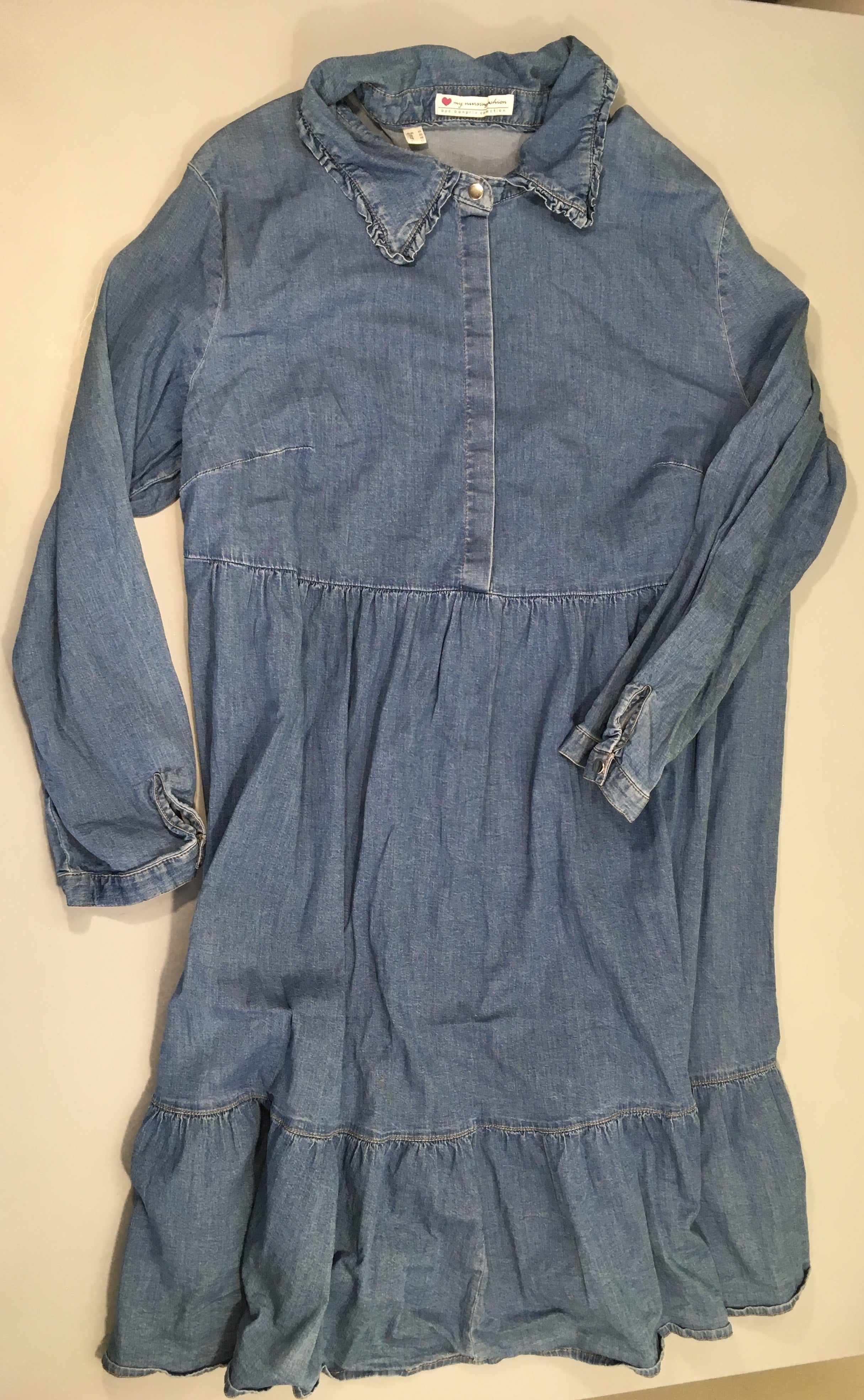 Robe chemise m.l denim col froufrous