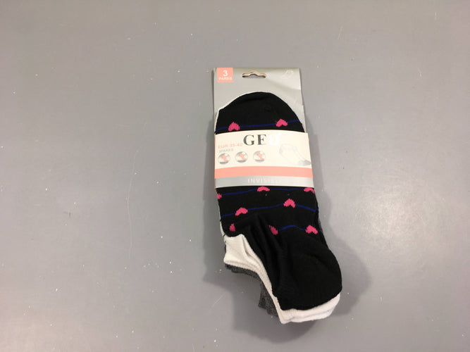 NEUF lot de 3 paires de chaussettes courtes noir/blanc/gri rayé coeurs, 35-40, moins cher chez Petit Kiwi