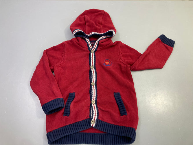 Gilet zippé capuche rouge tricot bordure marine, moins cher chez Petit Kiwi