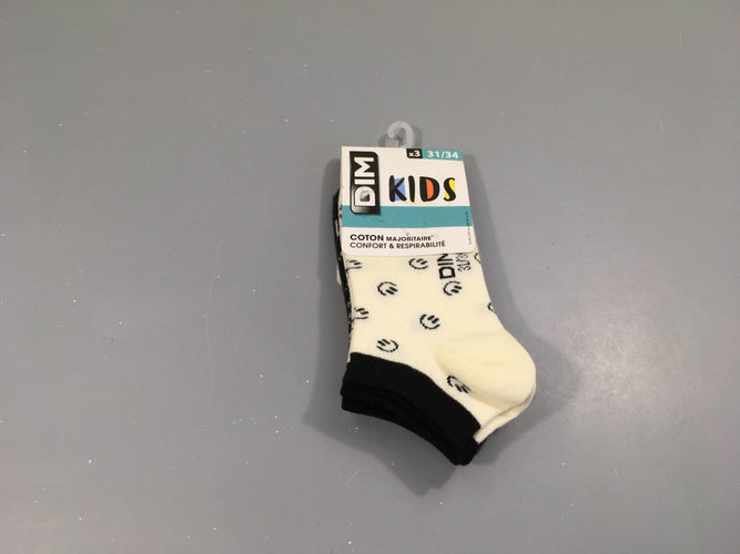 NEUF lot de 3 paires de chaussettes courtes blanc/noir/gris s.miley,31-34, moins cher chez Petit Kiwi