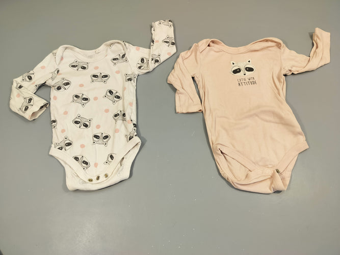 Lot de 2 bodies ml 1blanc têtes de ratons laveurs/ 1 rose clair tête de raton laveur 100% coton, moins cher chez Petit Kiwi