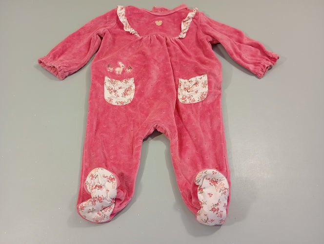 Pyjama velours rose, poches latérales blanches fleurs, moins cher chez Petit Kiwi