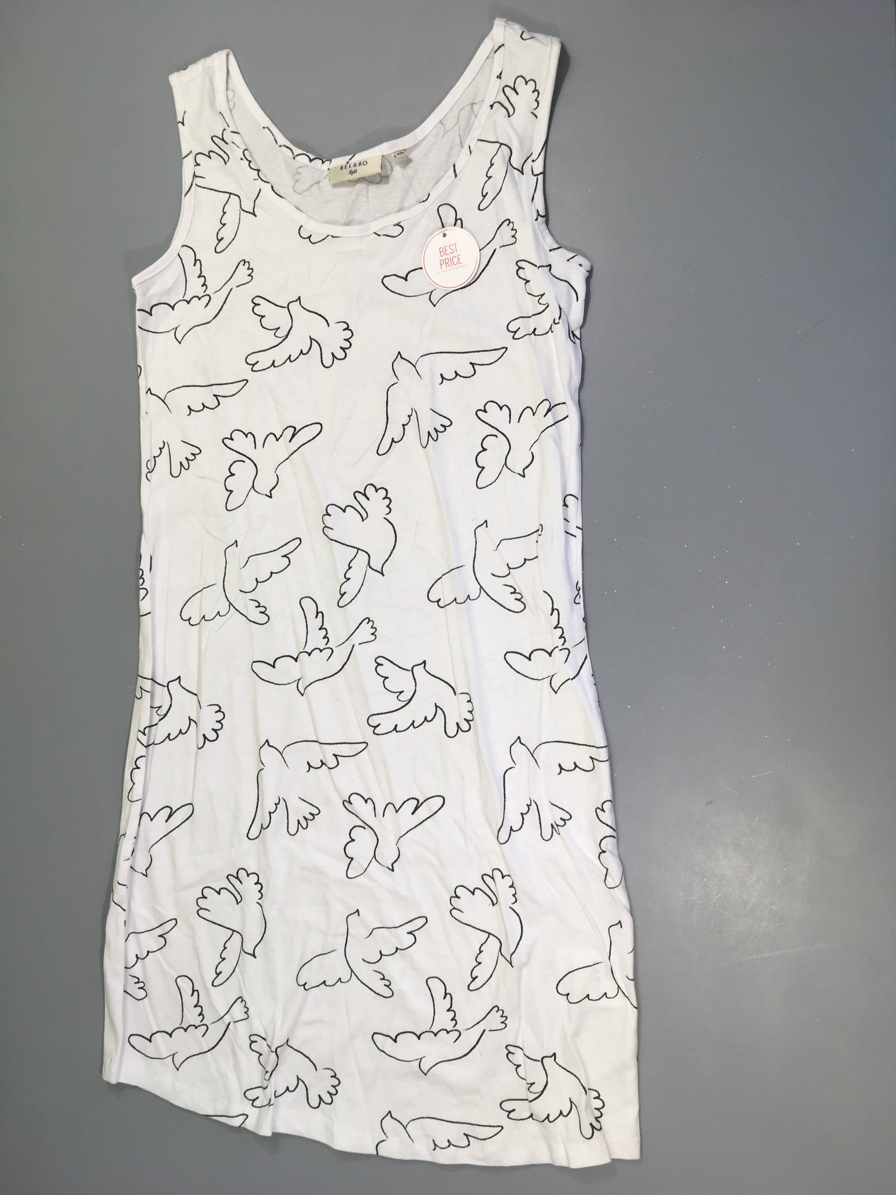 NEUF Robe de nuit s.m jersey blanche oiseaux