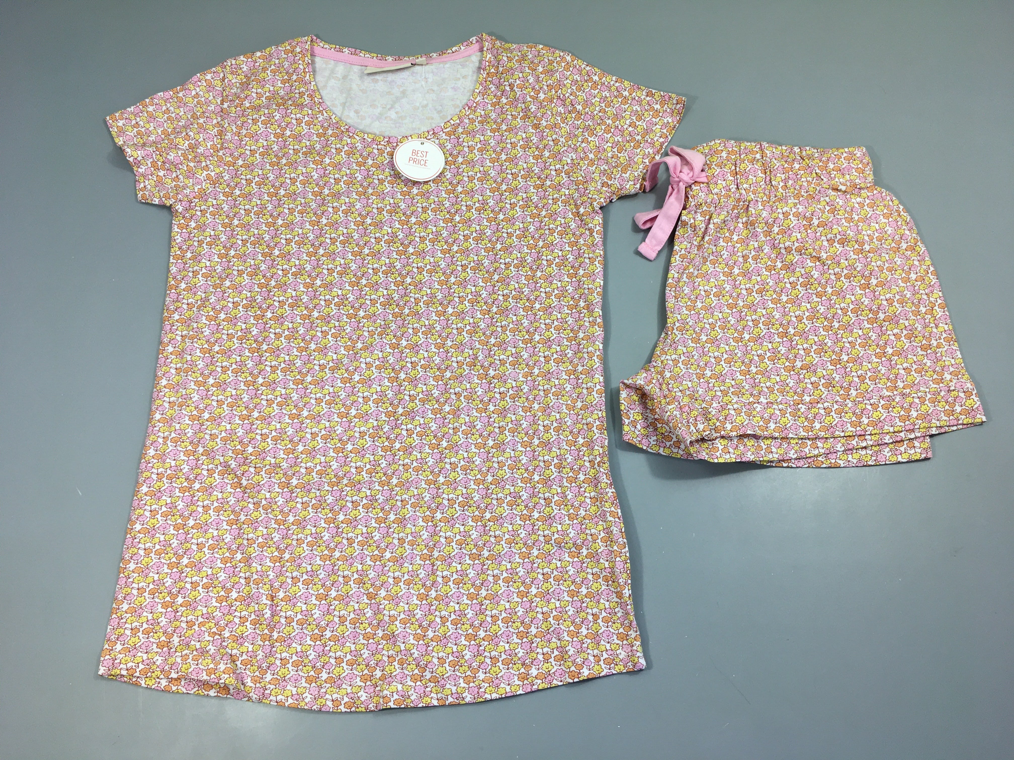 NEUF Pyjashort 2pcs jersey blanc fleurs jaune/rose/orange