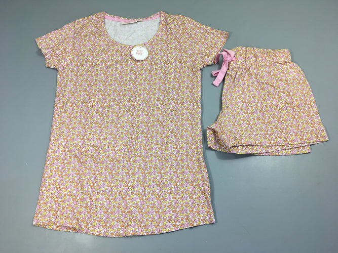 NEUF Pyjashort 2pcs jersey blanc fleurs jaune/rose/orange, moins cher chez Petit Kiwi