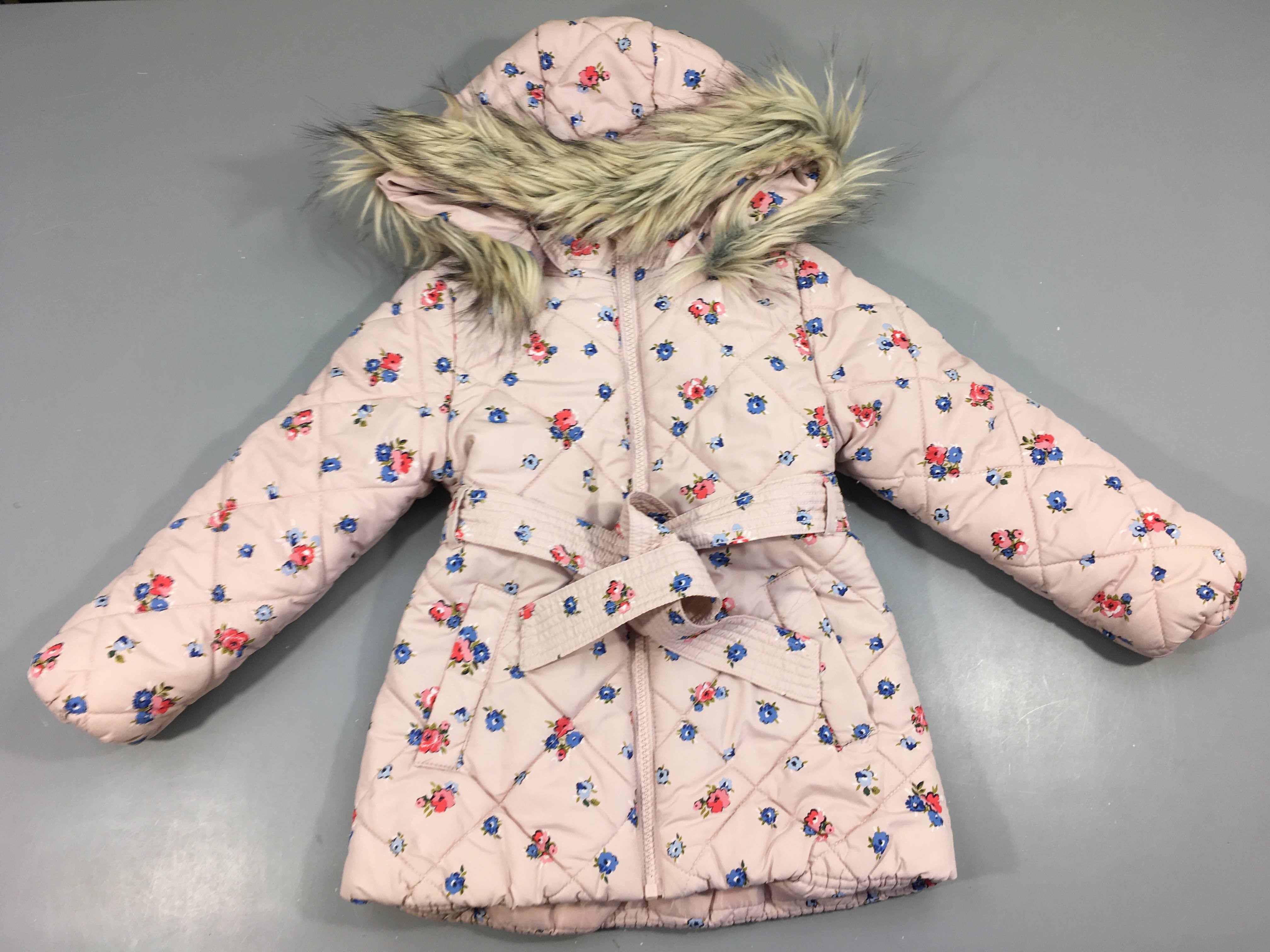 Manteau à capuche rose clair fleuri bleu rose Fausse fiourrure