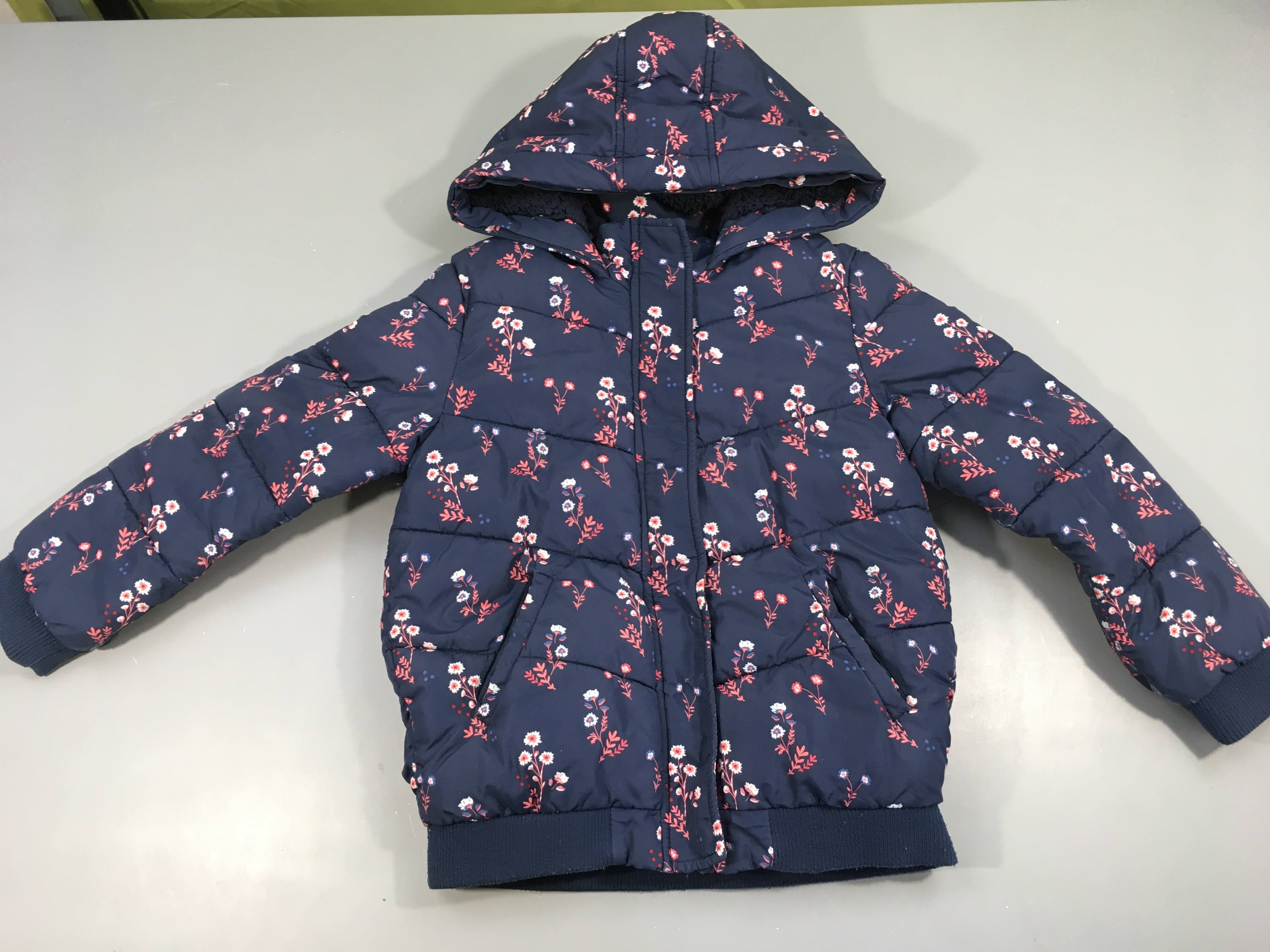 Manteau à capuche bleu foncé  fleuri rose doublé teddy
