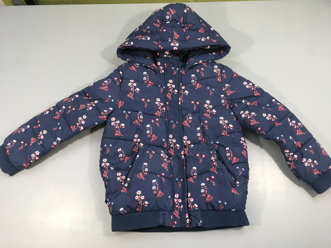 Manteau à capuche bleu foncé  fleuri rose doublé teddy, moins cher chez Petit Kiwi