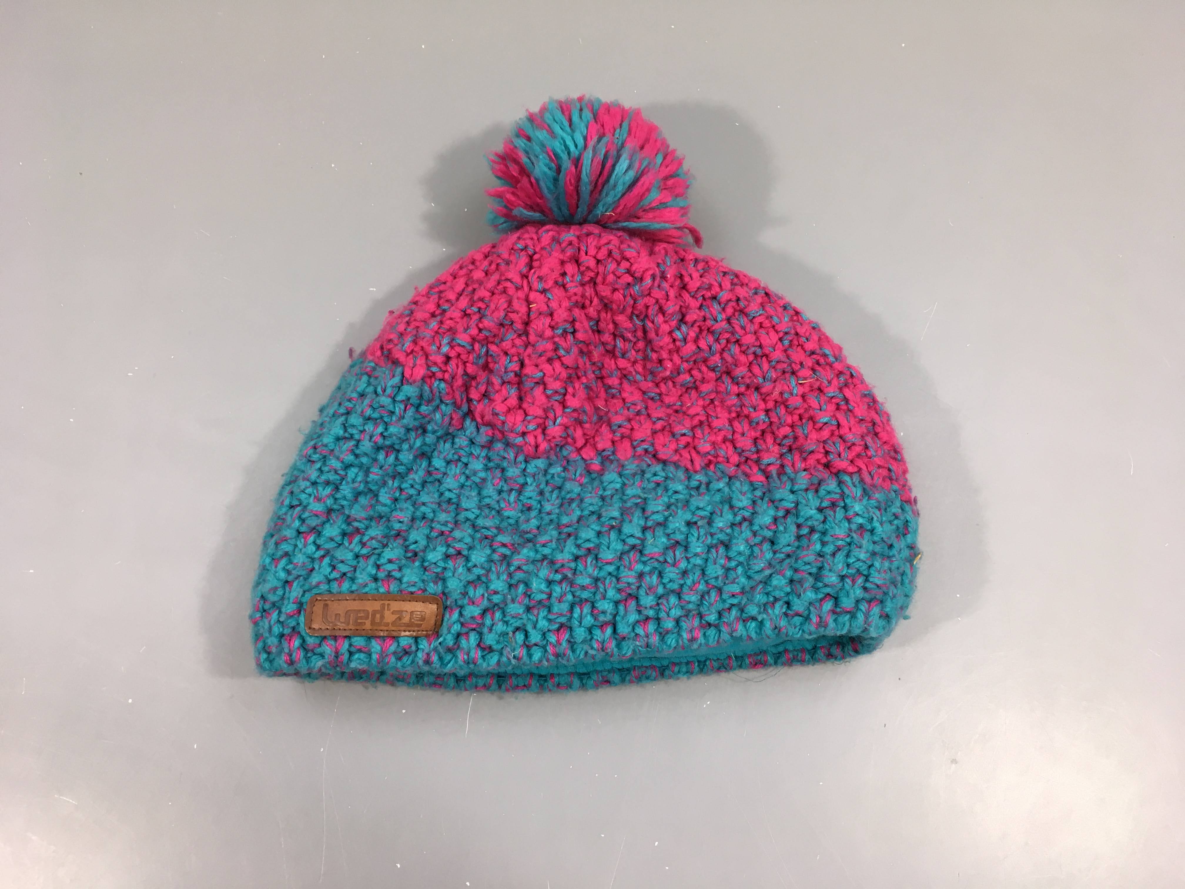 Bonnet mailles turquoises-rose pompon doublé jersey Wed'ze