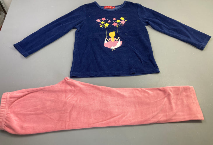 Pyjama velours 2 pièces bleu marine rose fille étoiles, moins cher chez Petit Kiwi