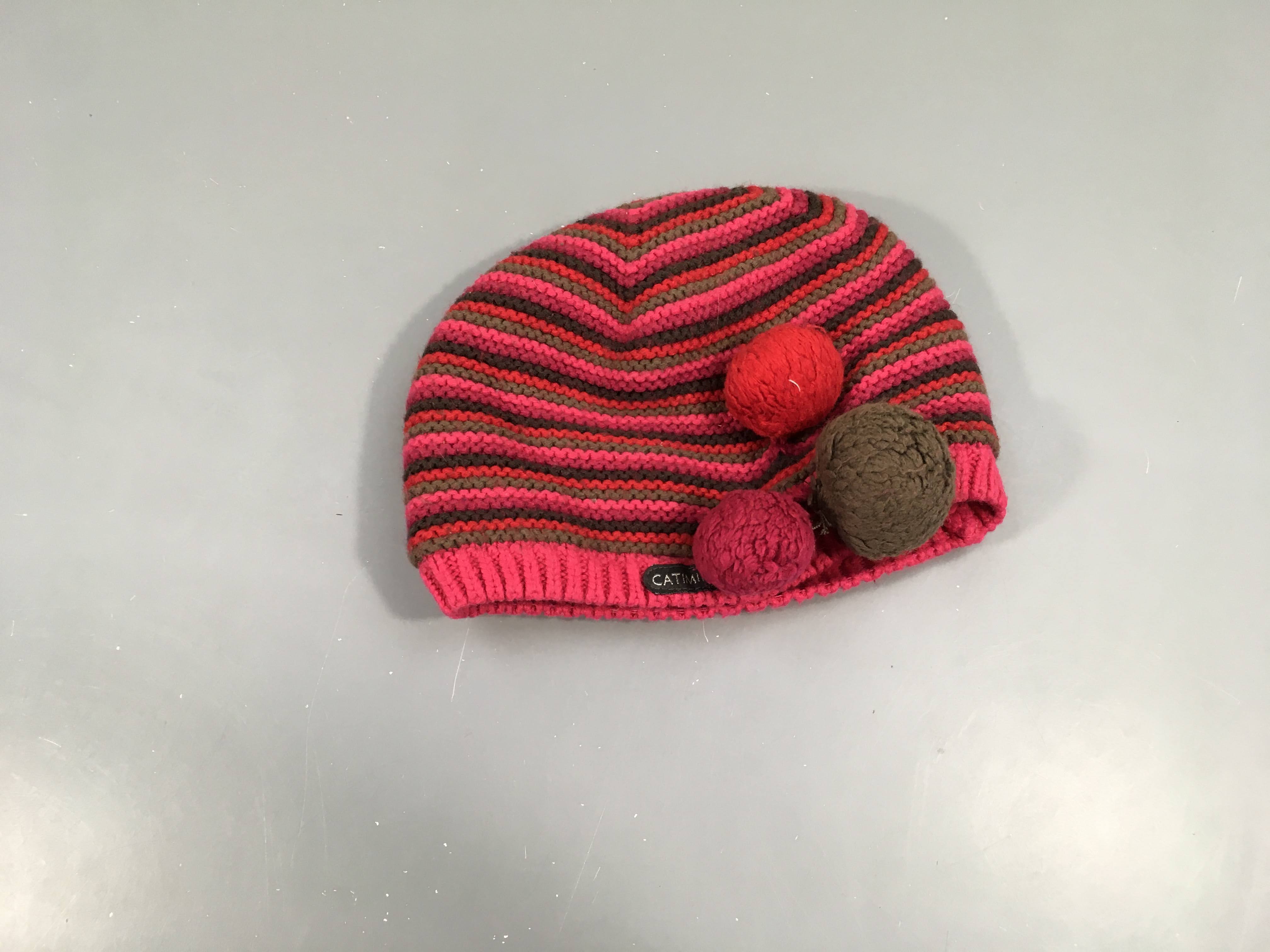 Bonnet mailles rose-brun pompons doublé jersey 53cm