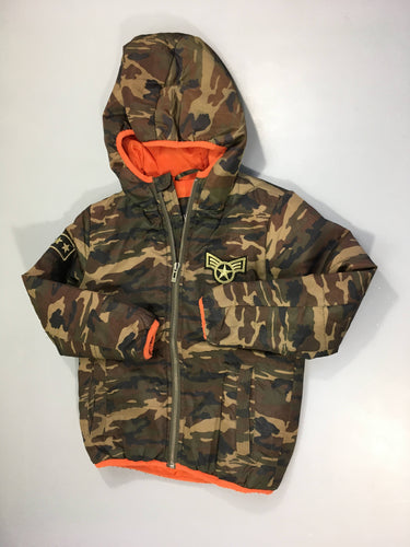 Veste ouatinée zippée kaki motifs camouflage à capuche, moins cher chez Petit Kiwi