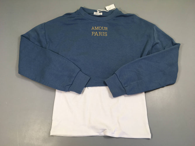 NEUF sweat court bleu amour paris, effet superposé T-shirt s.m blanc côtelé, moins cher chez Petit Kiwi