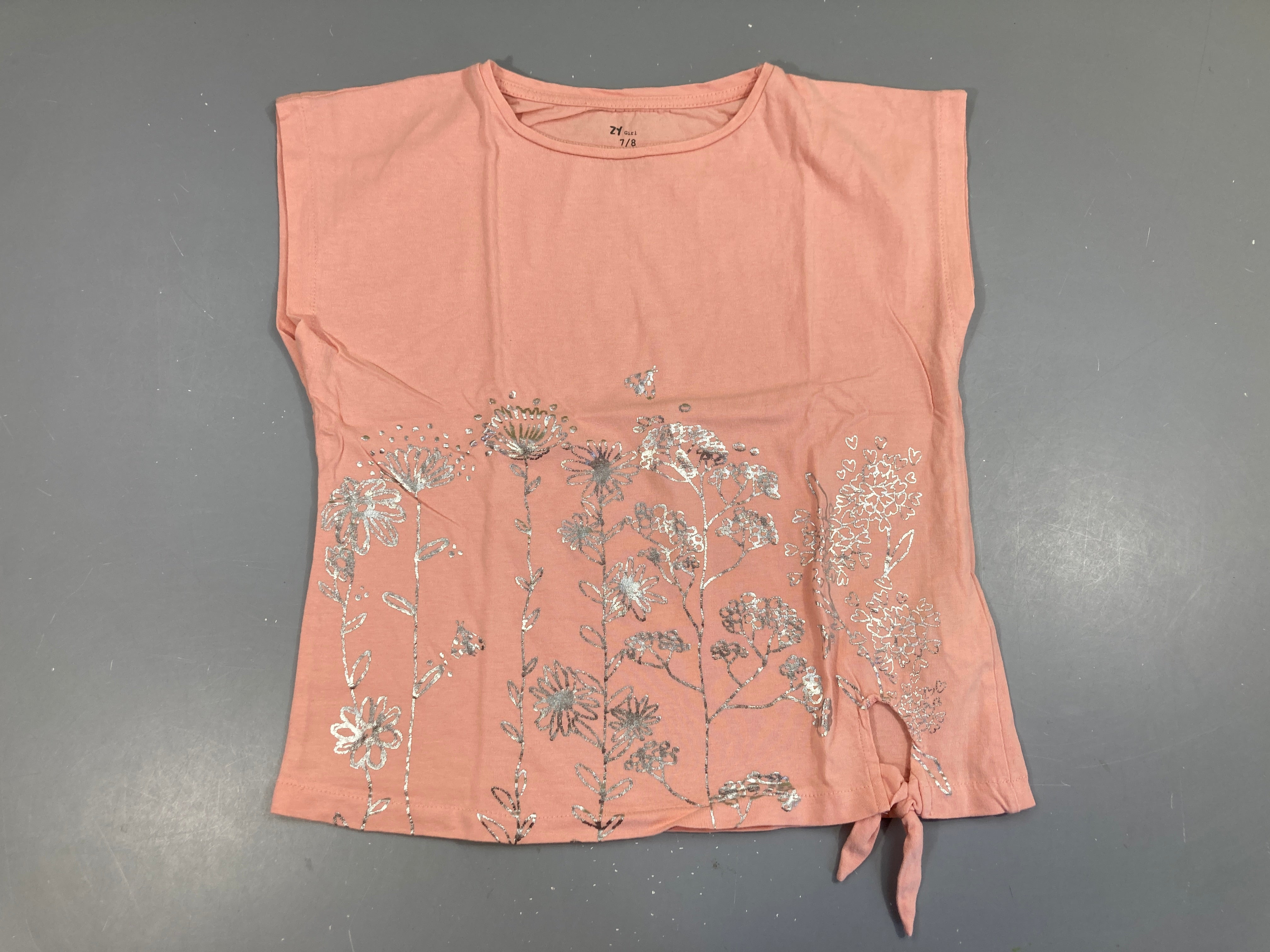 T-shirt m.c rose fleurs argentées