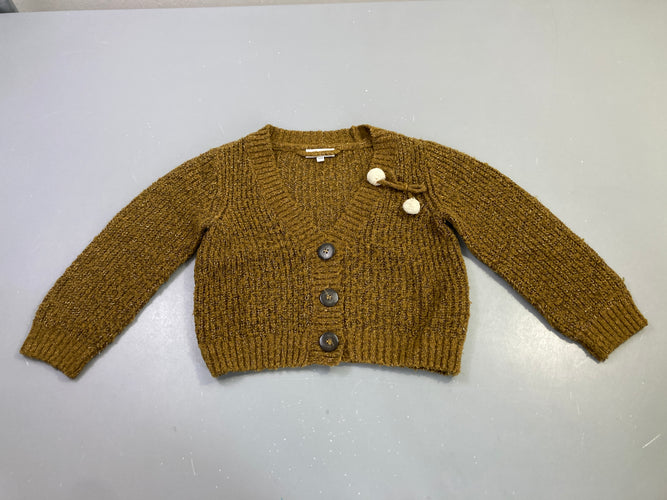 Gilet tricot moutarde pompons, fil irisé, moins cher chez Petit Kiwi