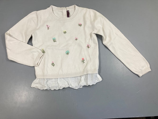 Pull blanc fleurs brodées bas coton, moins cher chez Petit Kiwi