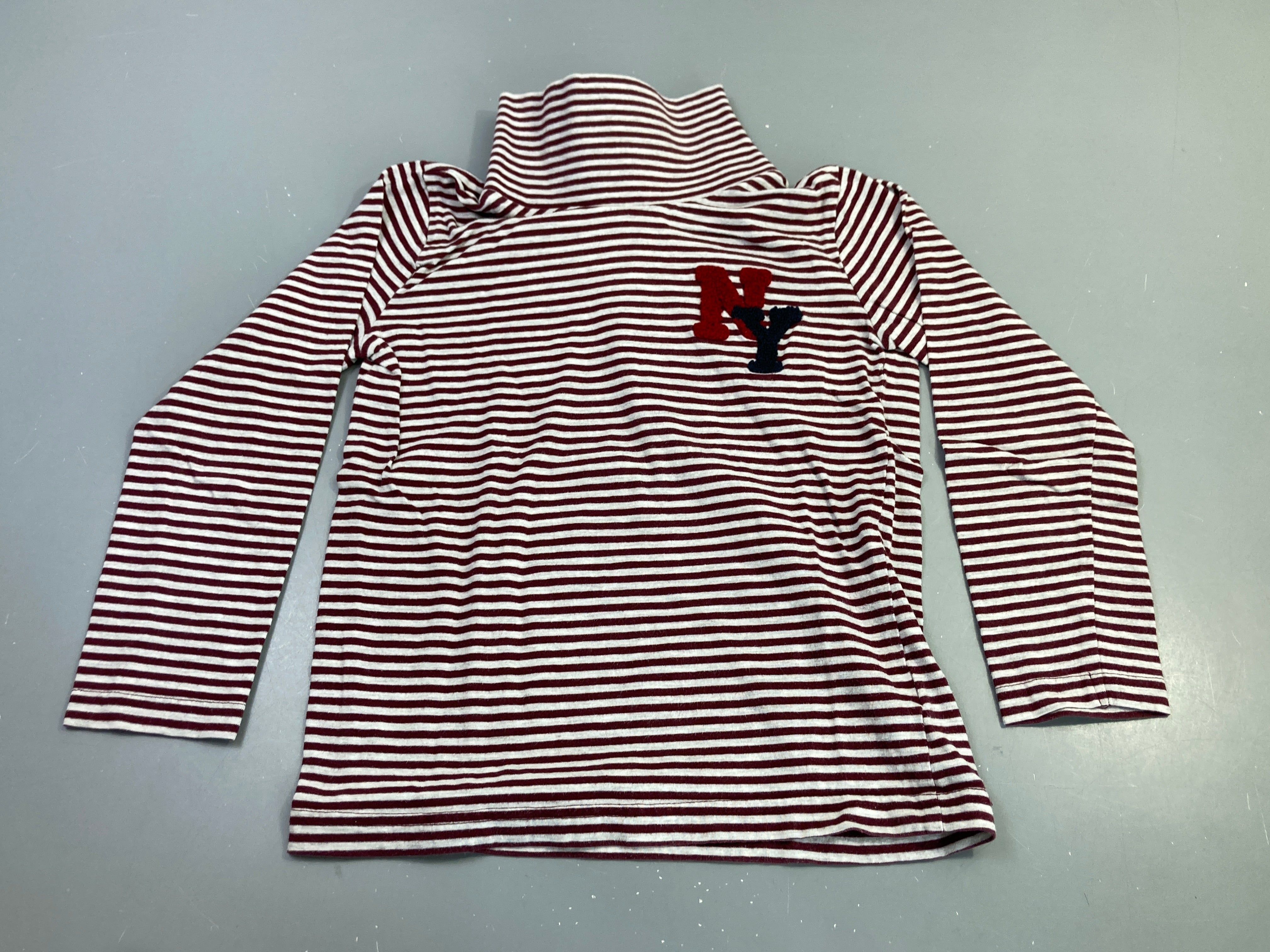 T-shirt m.l bordeaux rayé col roulé NY, légèrement bouloché
