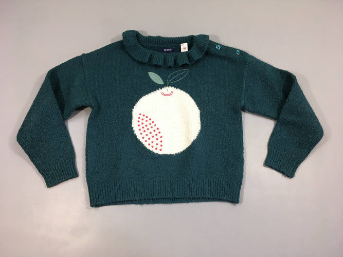 Pull vert fruit col froufrous, bouloché, moins cher chez Petit Kiwi