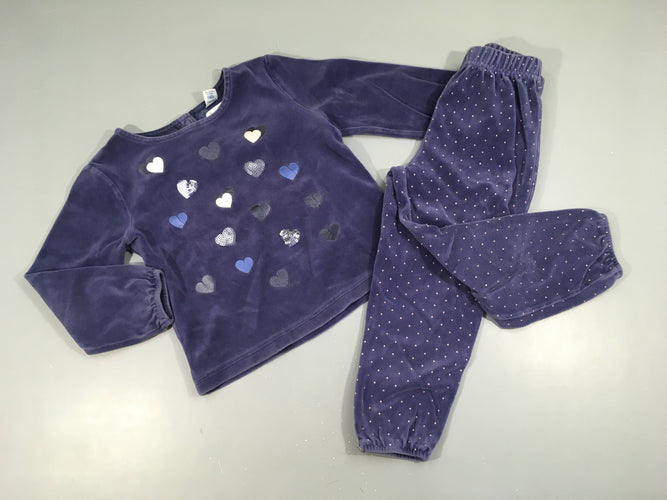Pyjama 2pcs velours bleu foncé coeurs sequins, moins cher chez Petit Kiwi