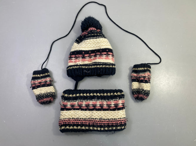 Ensemble bonnet écharpe gants noir rose rayé, moins cher chez Petit Kiwi