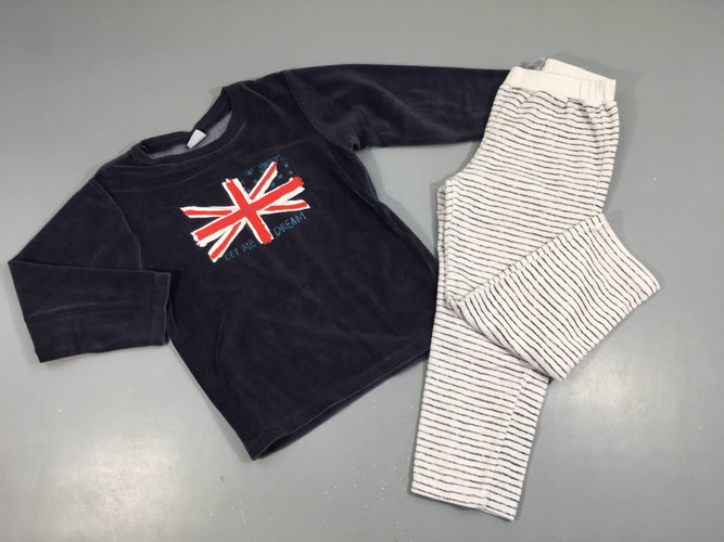 Pyjama 2pcs velours bleu foncé/blanc rayé drapeau, moins cher chez Petit Kiwi