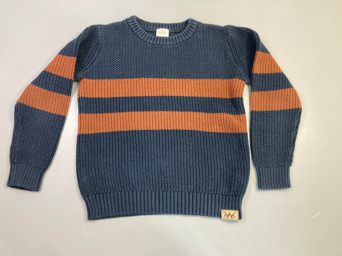 Pull bleu marine rayé brun, moins cher chez Petit Kiwi