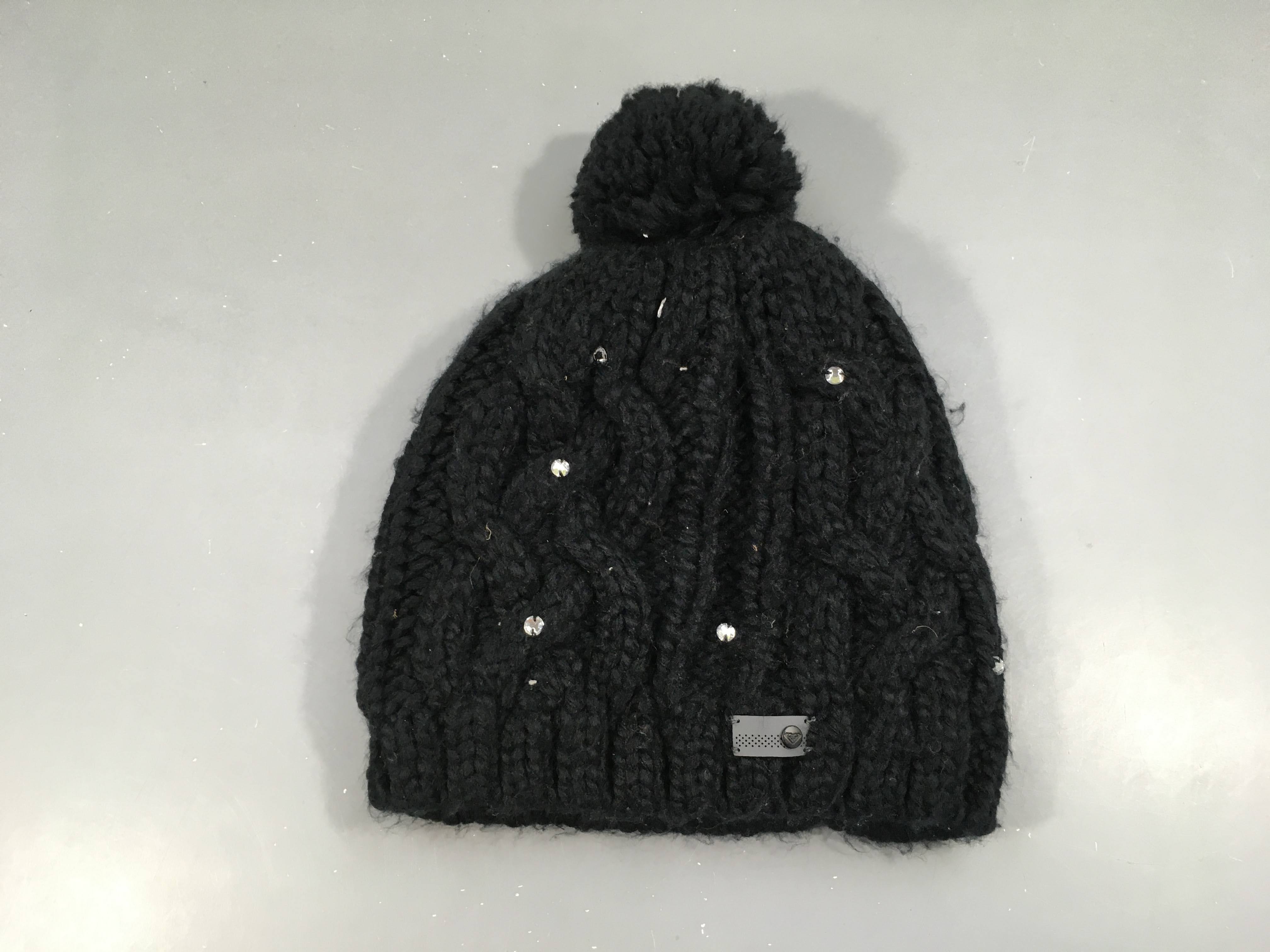 Bonnet noir mailles torsadées strass pompon doublé polar
