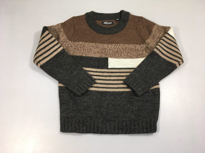 Pull rayé brun/gris, 15% laine, moins cher chez Petit Kiwi