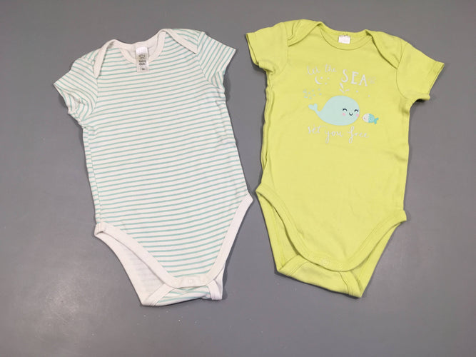 Lot de 2 bodies m.c vert baleine/blanc rayé bleu, moins cher chez Petit Kiwi