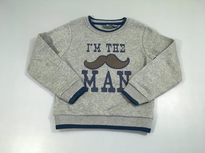 Sweat gris chiné moustache, légèrement bouloché, moins cher chez Petit Kiwi
