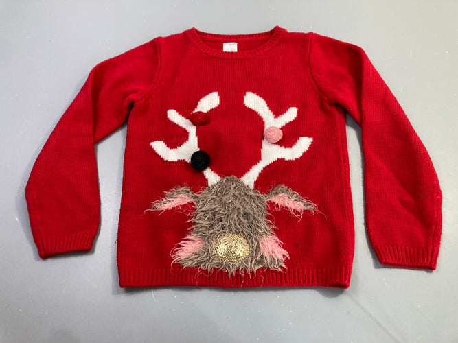 Pull rouge Noël renne avec pompons Bouloché, moins cher chez Petit Kiwi