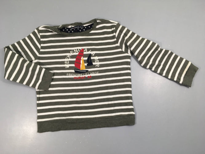T-shirt m.l kaki rayé blanc bateau, legèrement bouloché, moins cher chez Petit Kiwi