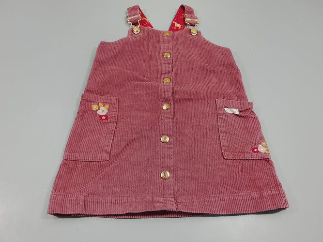 Robe salopette velours côtelé rose, pressions dorées.Broderies fleurs aux poches, moins cher chez Petit Kiwi