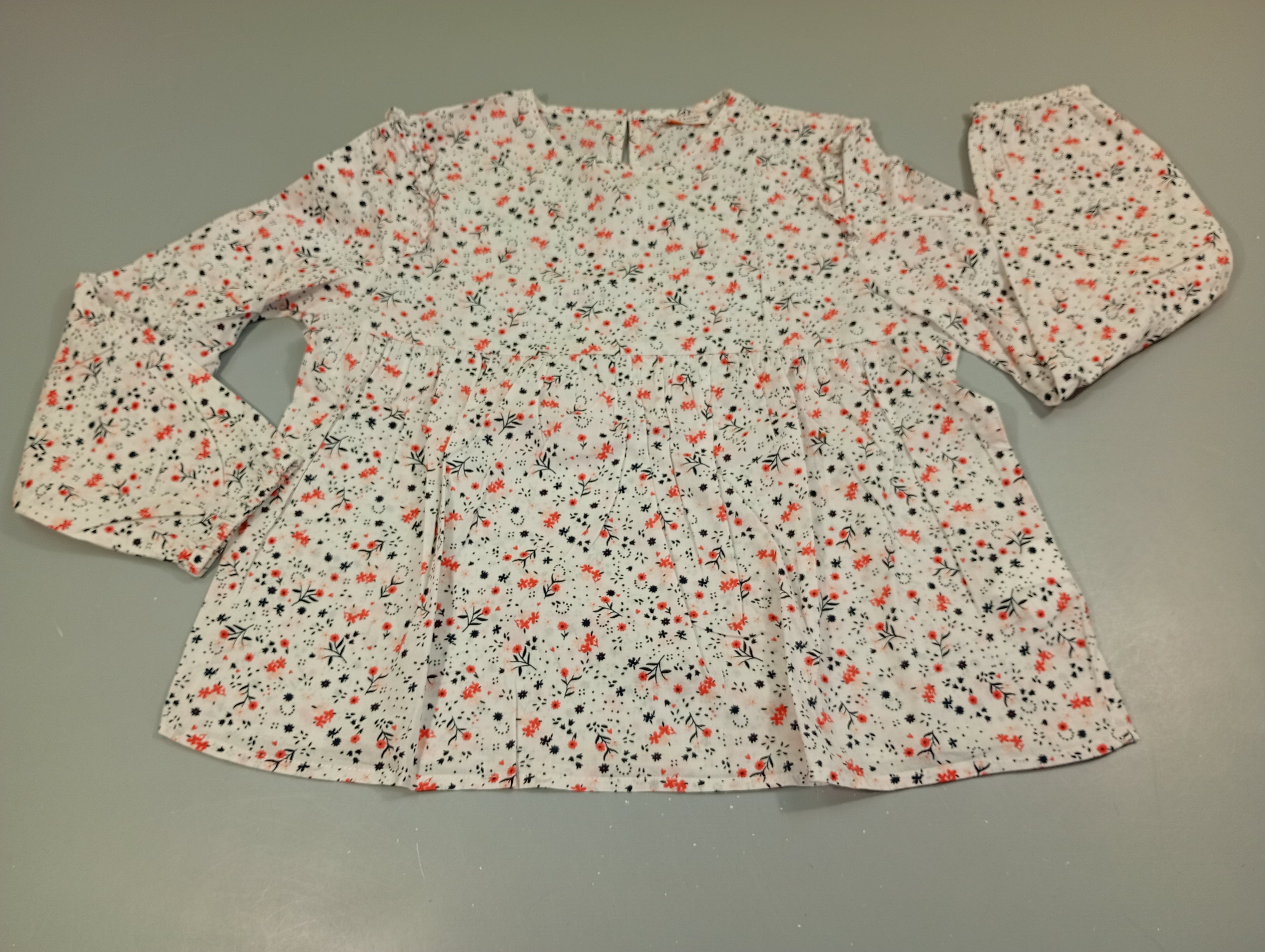 Blouse ml blanche à fleurs rose et bleu marine