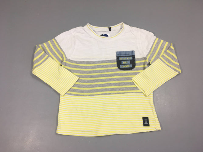 T-shirt m.l blanc rayé jaune-gris poche-Petites taches sur manches, moins cher chez Petit Kiwi