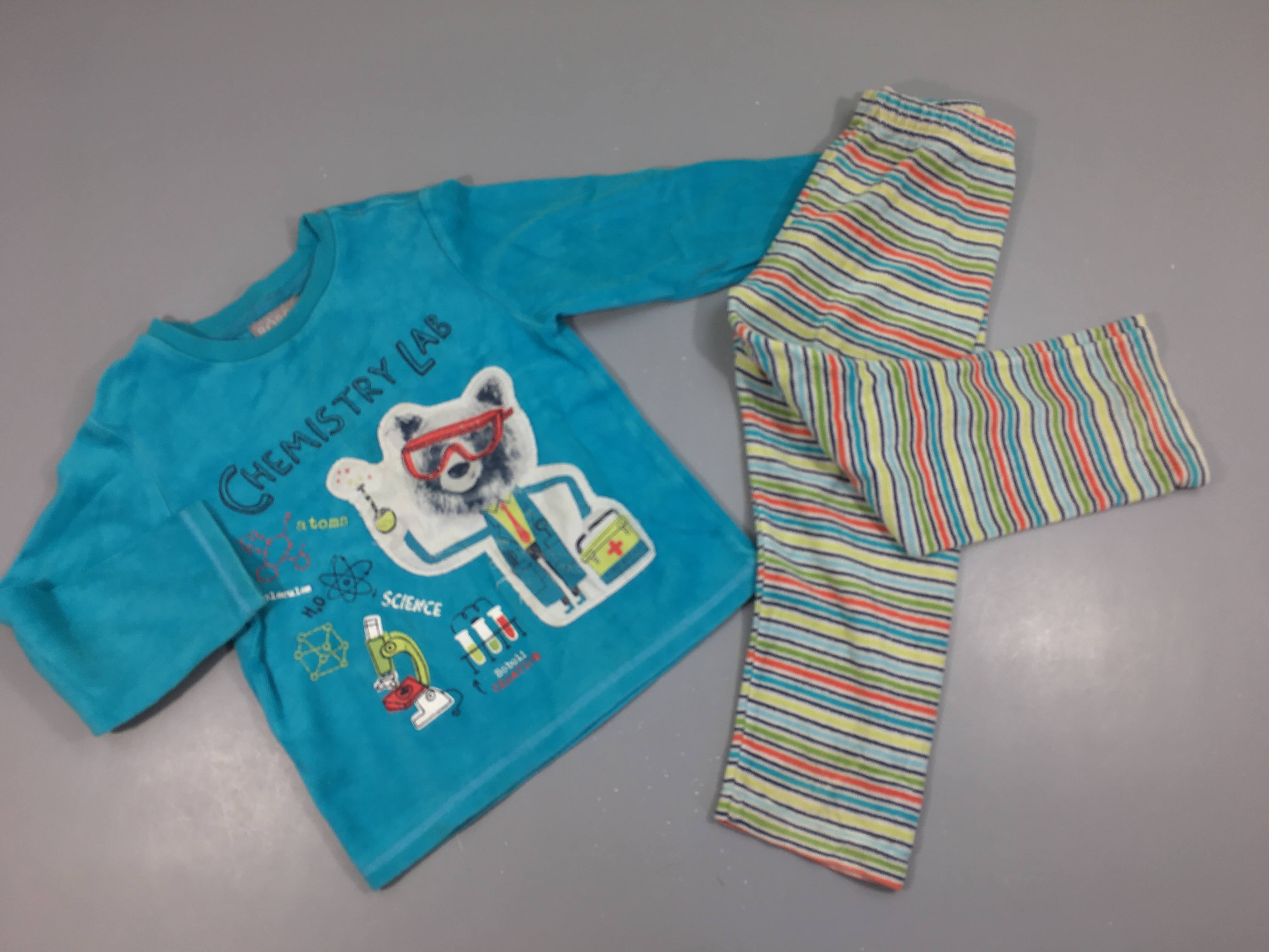Pyjama 2pcs velours bleu ours scientifique, genoux taché