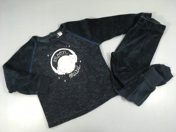 Pyjama 2pcs velours bleu marine chiné Moon, flocage un peu usé, moins cher chez Petit Kiwi