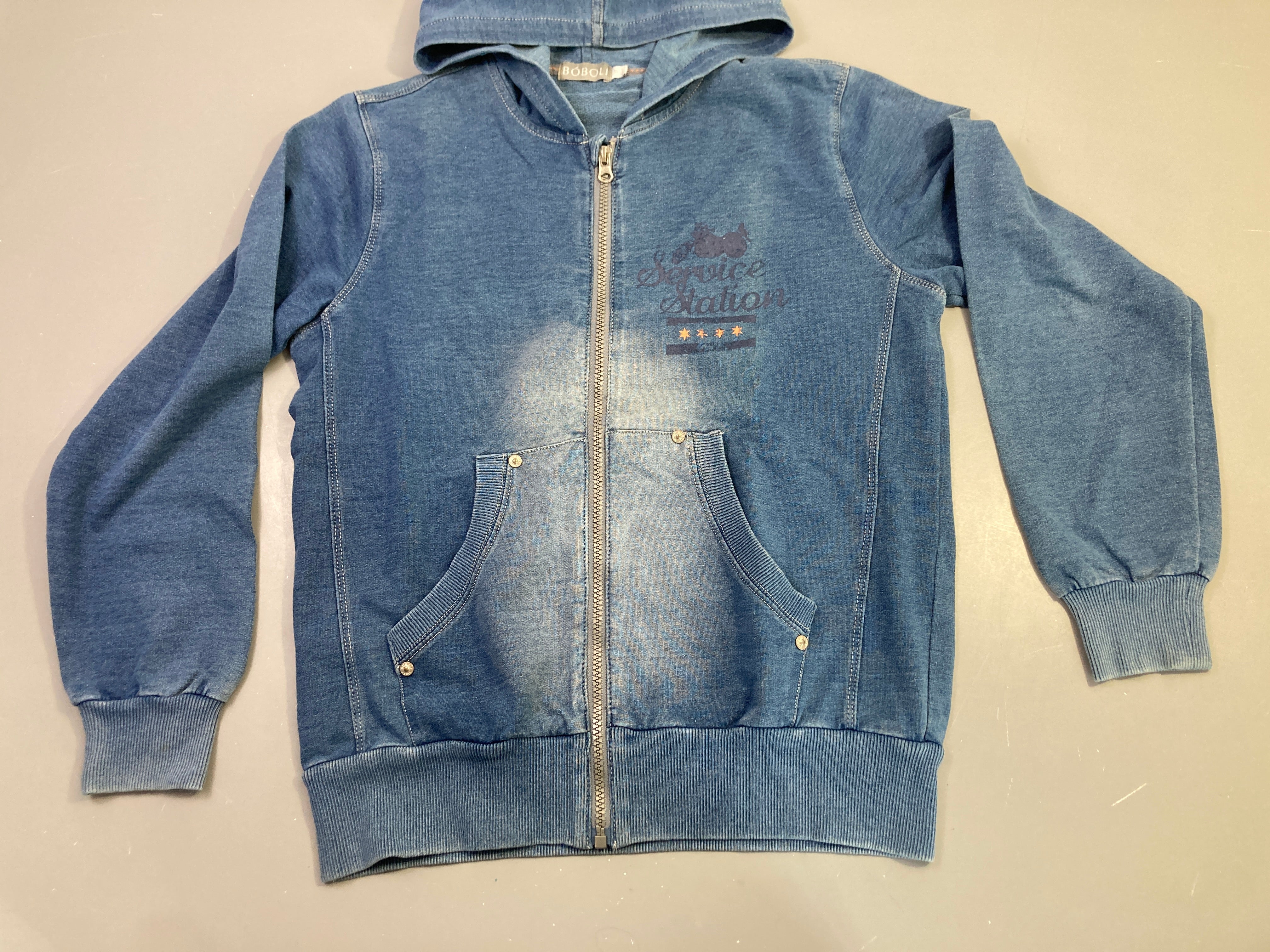 Sweat capuche zippé bleu effet délavé imprimé Service Station légèrement bouloché