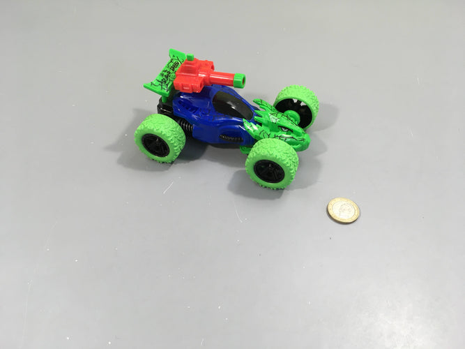 Voiture dino en plastique orange/bleu/vert, manque missile, moins cher chez Petit Kiwi