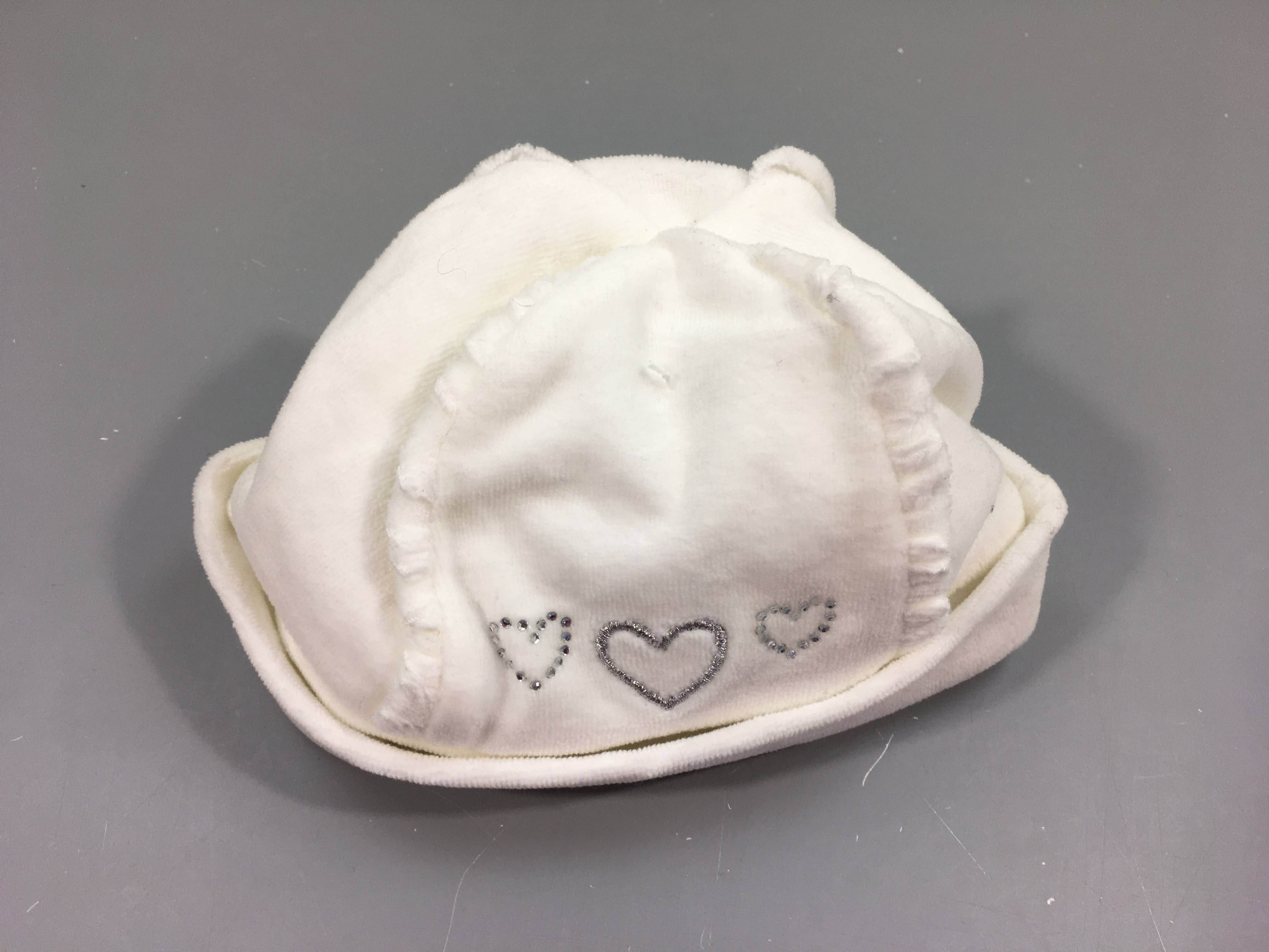 Bonnet velours blanc , coeurs argentés , strass