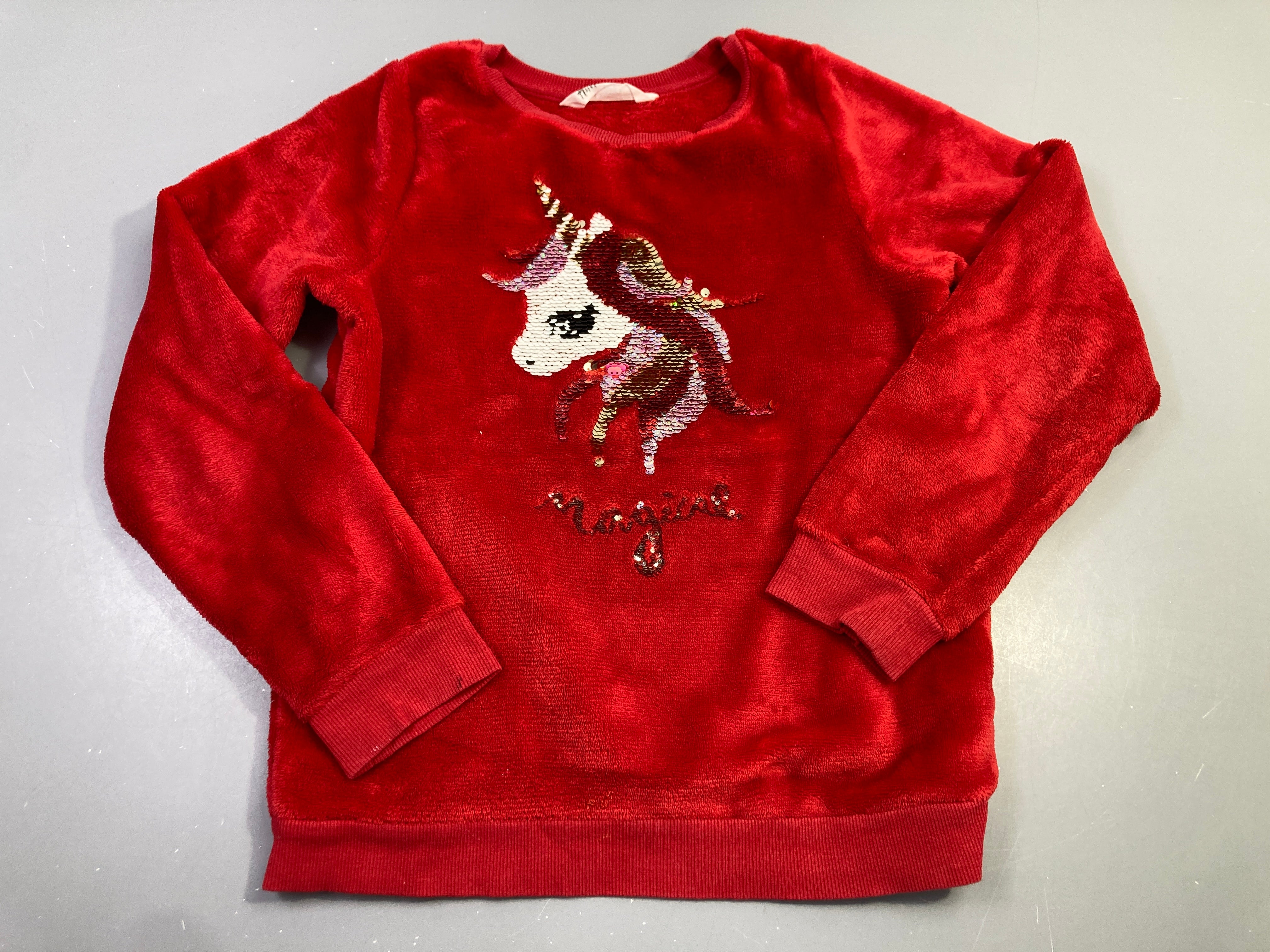 Sweat velours éponge rouge, licorne sequins reversibles