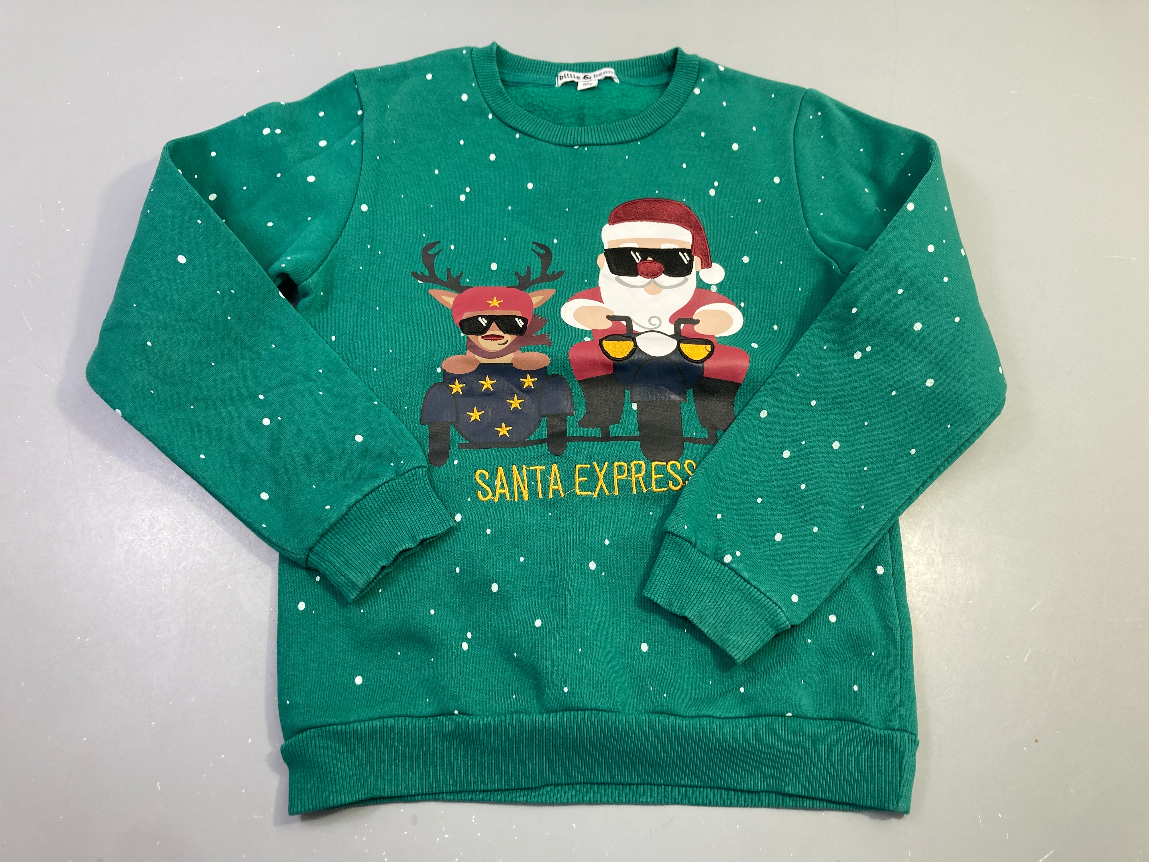 Sweat de Noël vert foncé, pere noêl et renne santa express