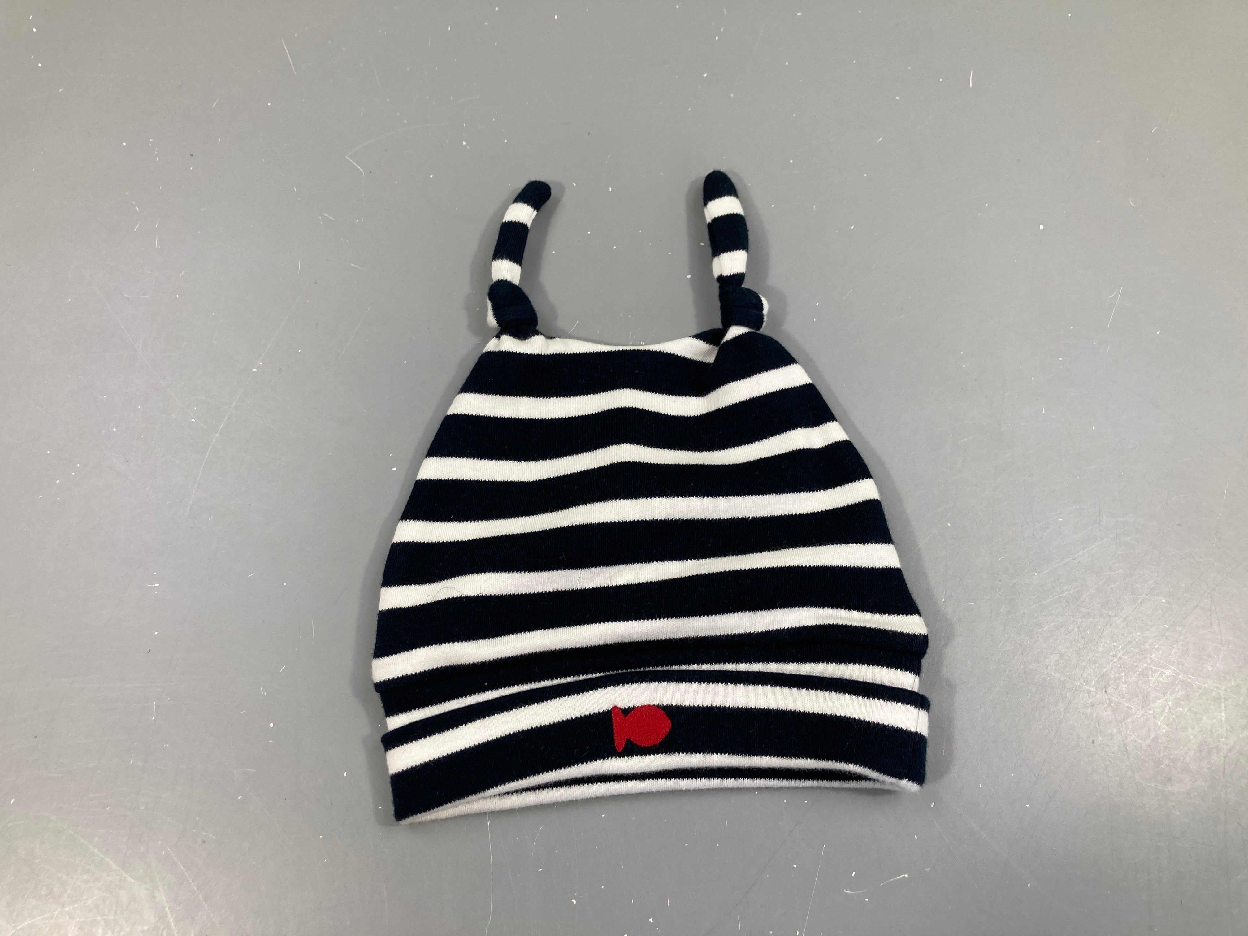 Bonnet jersey rayé blanc/bleu foncé poisson, T1